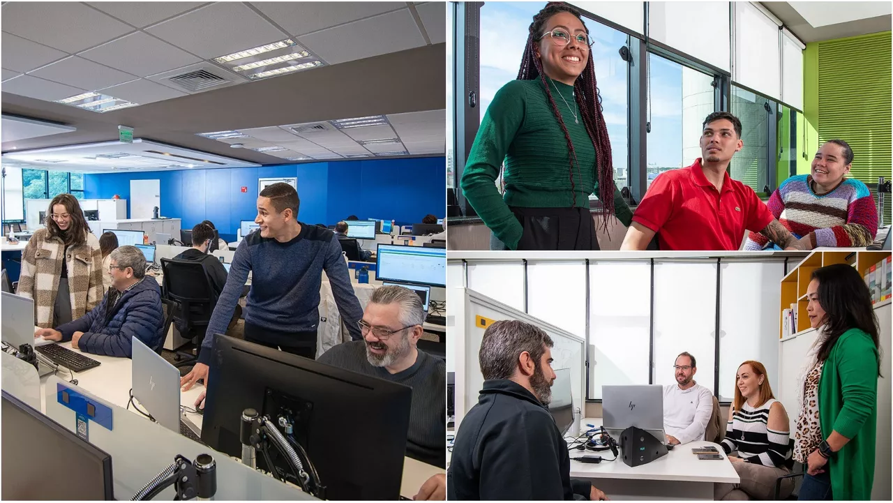 Página com três fotos. 1ª foto à esquerda preenche metade da tela Colaboradores interagem em sala com baias e computadores. Entre homens e mulheres de diversas idades, alguns estão em pé e outros sentados. A sala possui mesas organizadas em fileiras e parede azul ao fundo. 2ª foto à direita superior Três colaboradores reunidos, lado ao lado, no escritório. À esquerda, de pé, uma mulher jovem e negra, de tranças longas, sorri e olha para frente. Ela usa óculos de grau, colar com pingente e veste blusa verde escuro e calça preta. Ao lado direito, há dois colaboradores sentados. Um homem jovem, negro de pele clara, com cavanhaque e cabelos castanhos escuro, olha para a mulher em pé. Ele veste uma camiseta polo vermelha. Uma mulher jovem, negra de pele clara, com cabelos crespos presos para trás, sorri e olha para a mulher em pé. Ela veste uma blusa de lã de listras coloridas. Ao fundo, uma parede verde e janelas de vidro com persianas parcialmente abertas. 3ª foto à direita inferior  Quatro colaboradores reunidos ao redor de uma mesa com computadores portáteis. Há dois homens e duas mulheres. Três estão sentados e uma mulher está em pé. Ao fundo, divisórias translúcidas, janelas com persianas fechadas e estantes com livros.