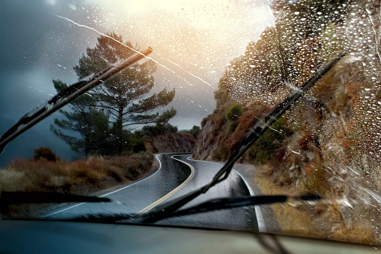 Windschutzscheibe mit Ausblick auf eine verregnete Straße in der Natur.