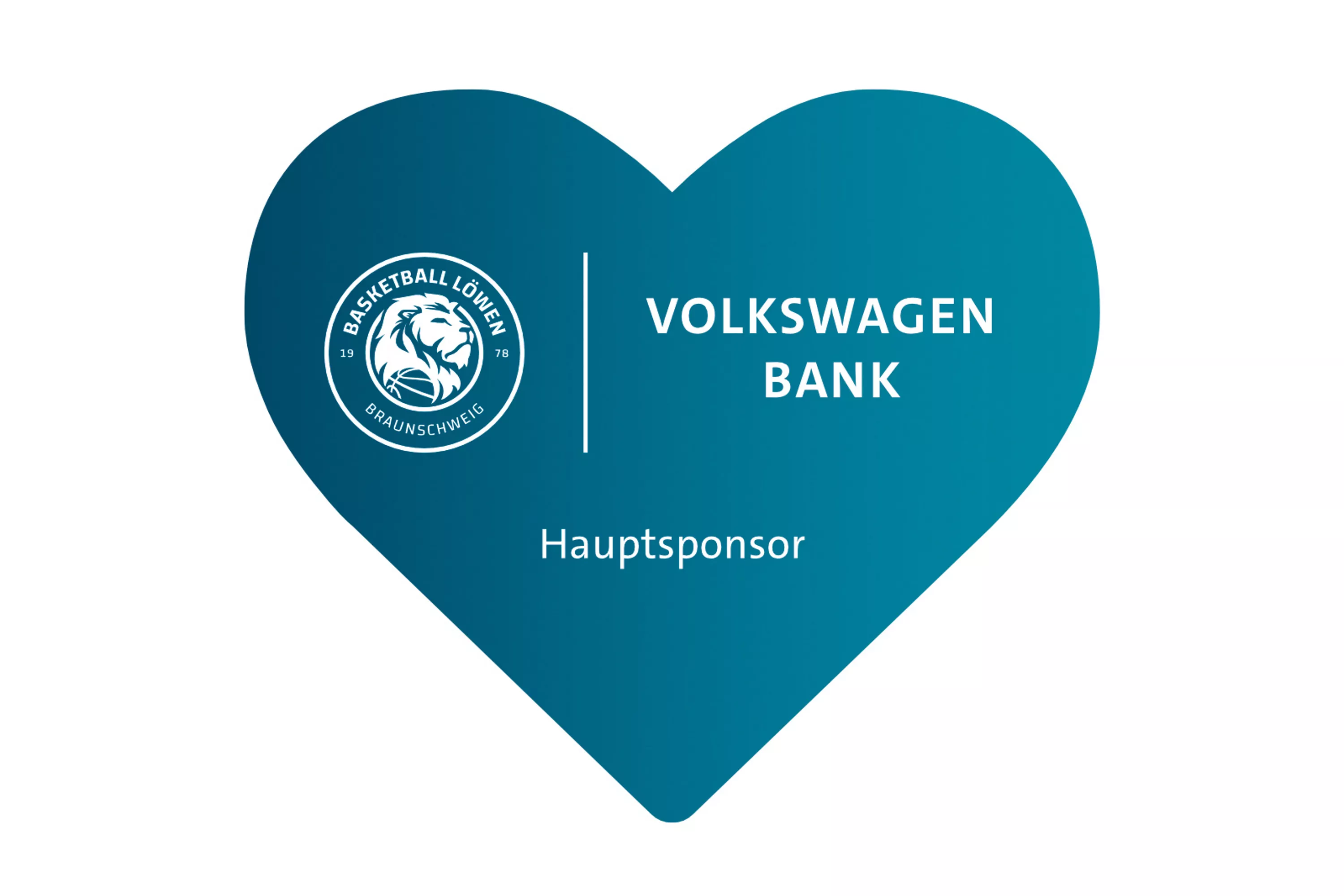 Herz-Symbol mit Logo der Basketball Löwen Braunschweig und Volkswagen Bank als Hauptsponsor. Darunter der Slogan "Einfach. Mehr. Löwen." auf hellblauem Hintergrund.