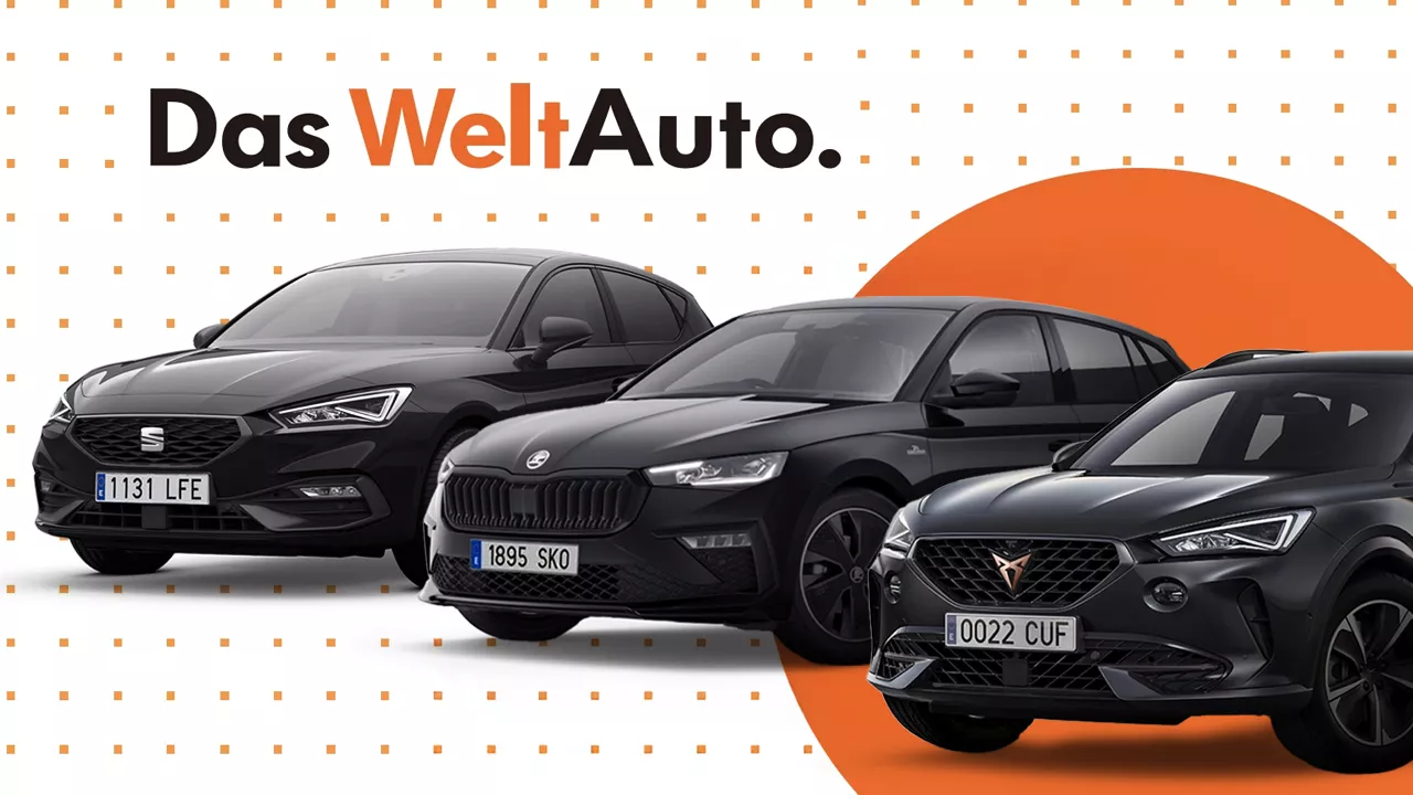 Cupra, Seay y Skoda con el logo de Das Welt Auto de fondo