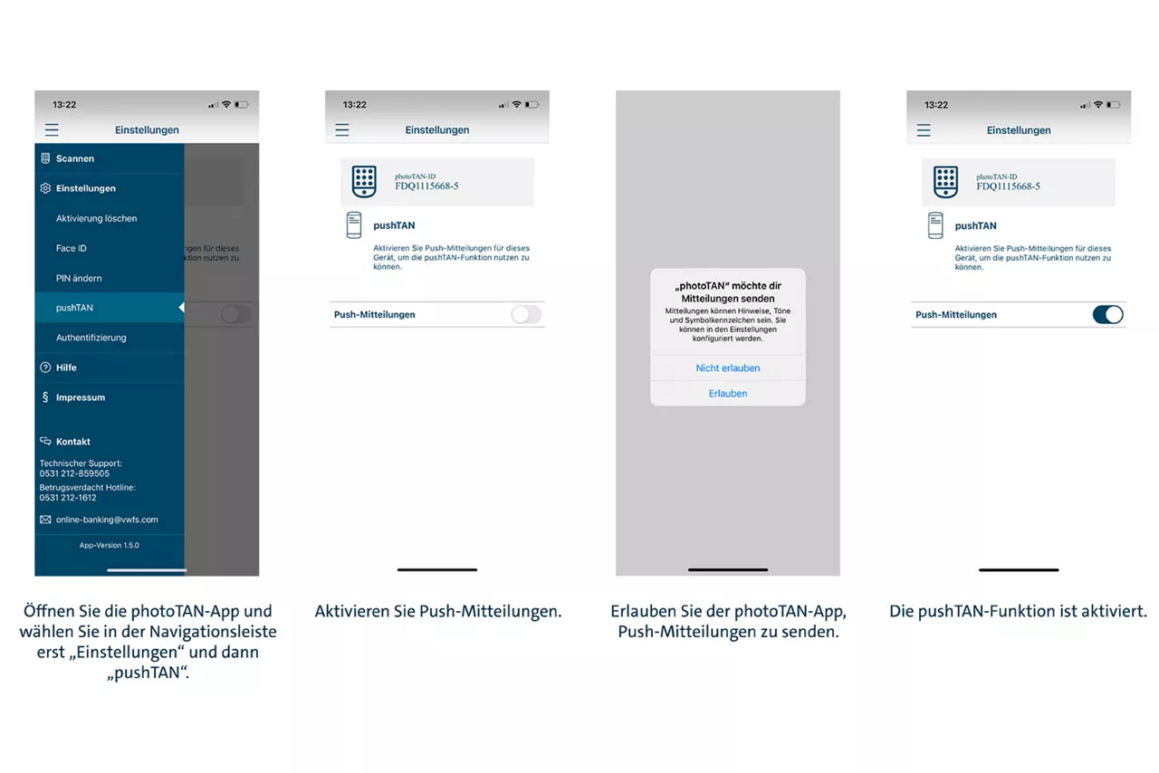 Die Grafik zeigt die nachträgliche Aktivierung, wenn Sie die photoTAN-App bereits seit einiger Zeit nutzen in 3 Schritten: 1. Öffnen Sie die photoTAN-App und wählen Sie in der Navigationsleiste erst Einstellungen und dann pushTAN. 2. Aktivieren Sie Push-Mitteilungen. 3. Erlauben Sie der photoTAN-App, Push-Mitteilungen zu senden. 4. Die pushTAN-Funktion ist aktiviert.
