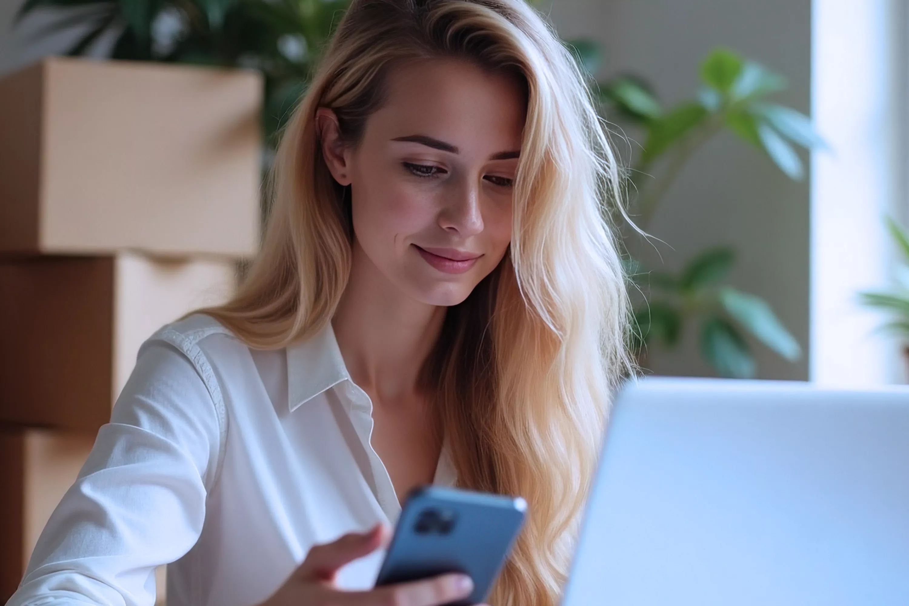 Uśmiechnięta kobieta korzystająca z telefonu oraz laptopa.