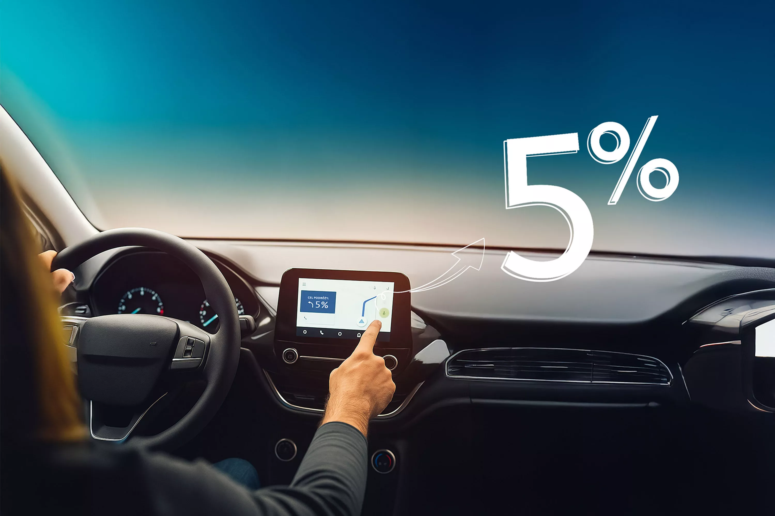 Zdjęcie pokazuje osobę podróżująca w samochodzie, która ustawia nawigację na 5%. Na zdjęciu dodatkowo wybrzmiewa mocno wartość 5%.