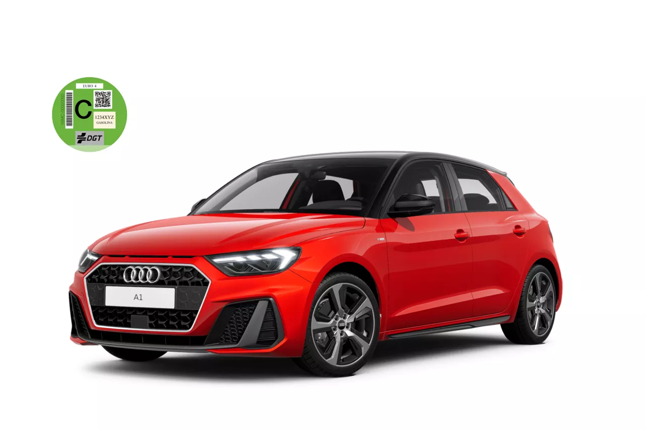 Audi A1 Sportback rojo sobre fondo blanco con etiqueta C de la DGT