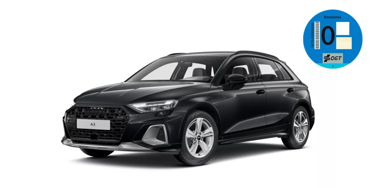 Renting vehículo Audi A3 allstreet Advanced, etiqueta ECO, color gris sobre fondo blanco 