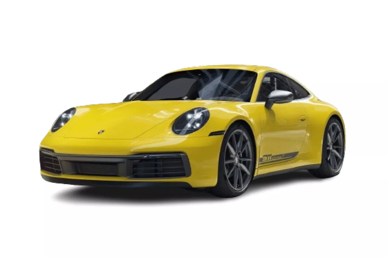 Renting a Car: Porsche 911, Porsche Drive Rental, color amarillo sobre fondo blanco