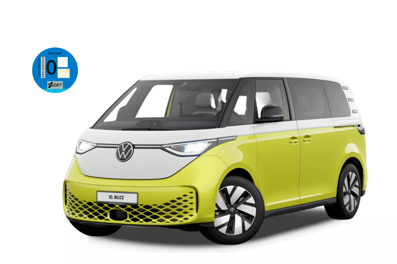 Un coche de Renting Volkswagen ID. Buzz, bicolor blanco y amarillo sobre fondo blanco  