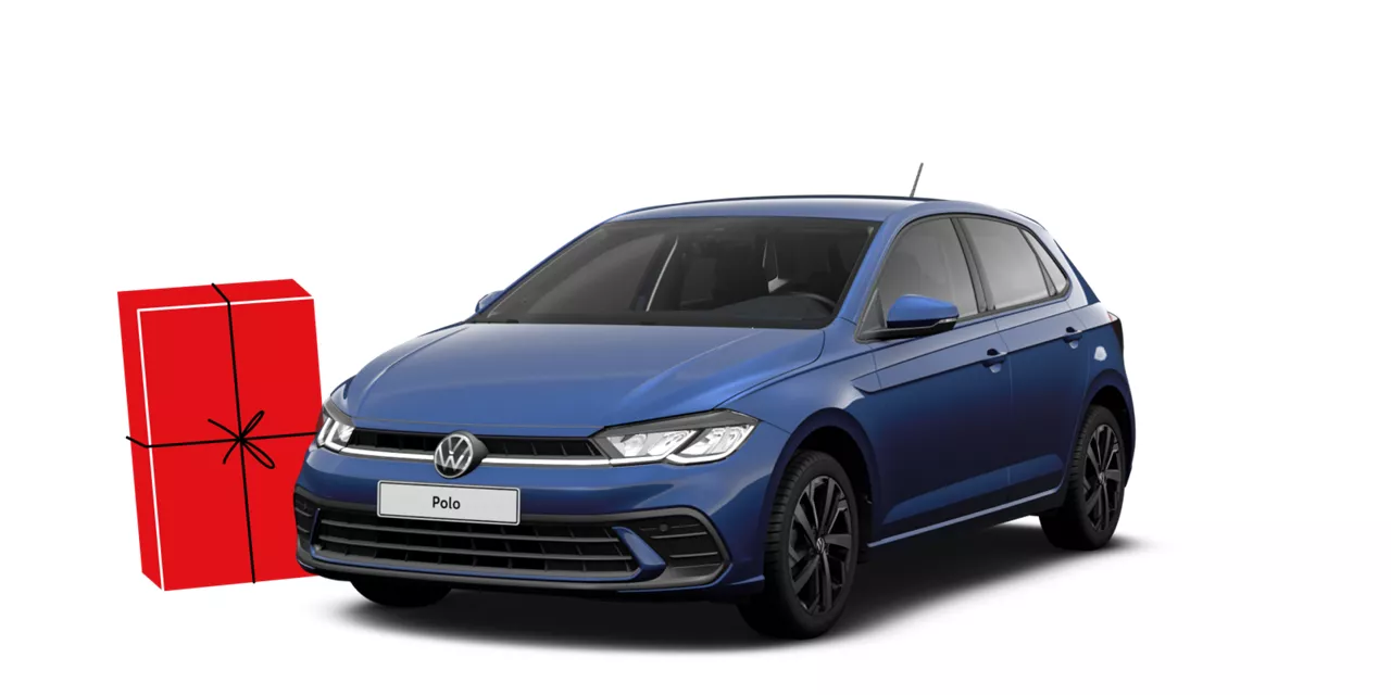 Renting vehículo Volkswagen Polo de gasolina, etiqueta C, color azul sobre fondo blanco 