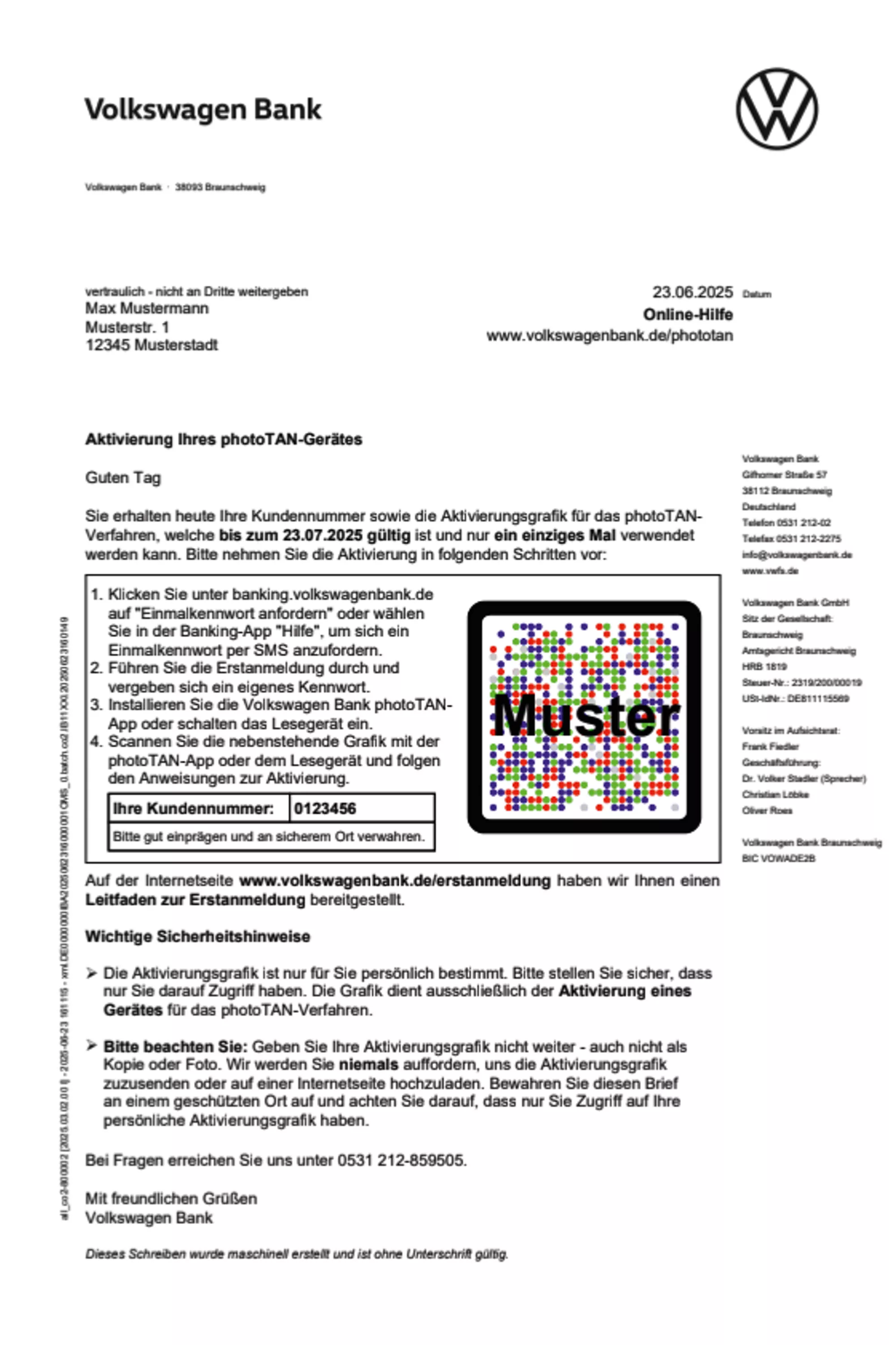 Muster-Schreiben mit QR-Code für den Aktivierungsbrief