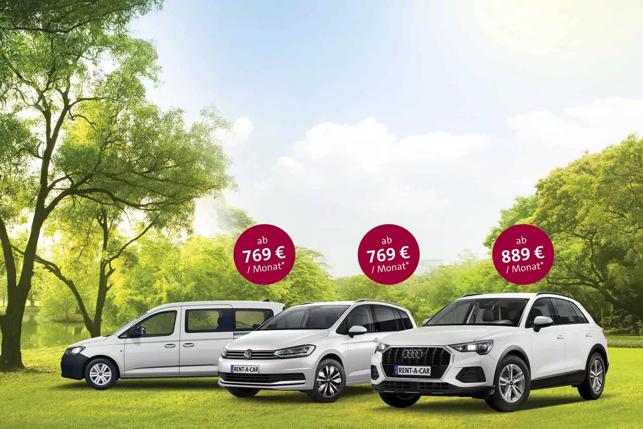 Weißer VW Caddy, VW Touran und Audi Q3 stehen auf einer gruenen Wiese mit Bäumen und blauem Himmel