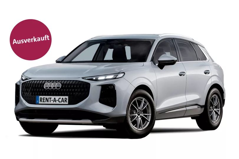 Silbener Audi Q3 steht leicht angeschrägt vor weißem Hintergrund und ist mit "ausverkauft" gekennzeichnet