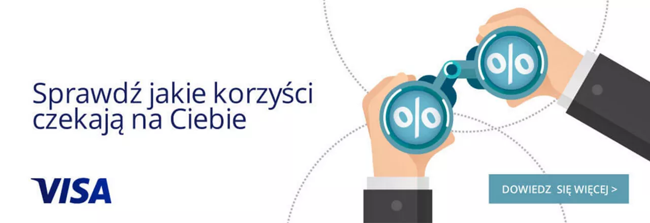 Ilustracja dłoni trzymających lornetkę z symbolami procentów w obu szkłach. Obok hasło "Sprawdź, jakie korzyści czekają na Ciebie".