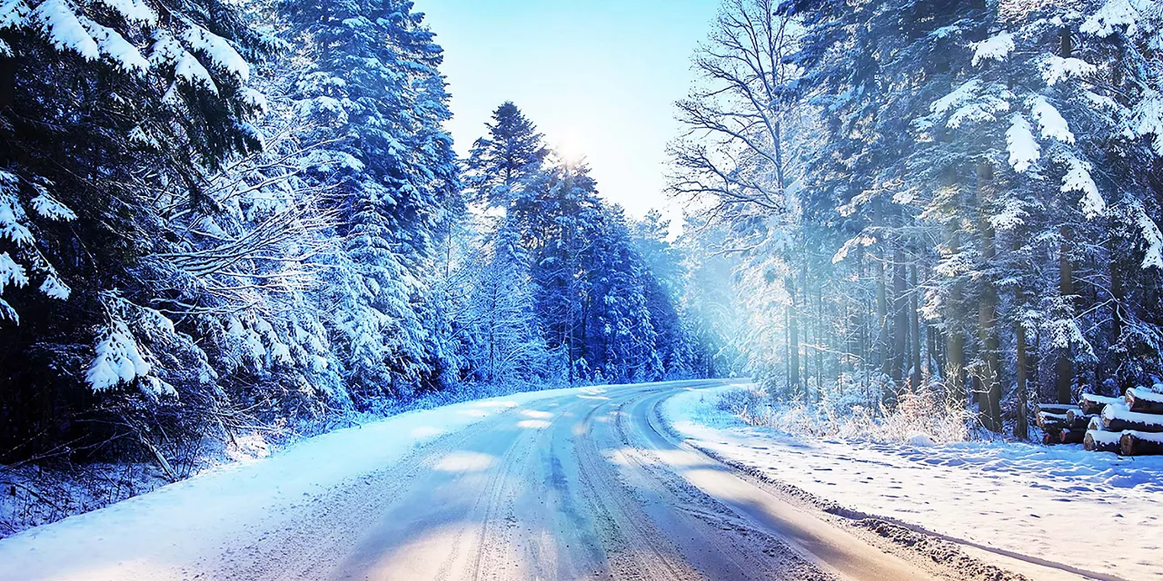 verschneite-durch-den-wald-führende-strasse