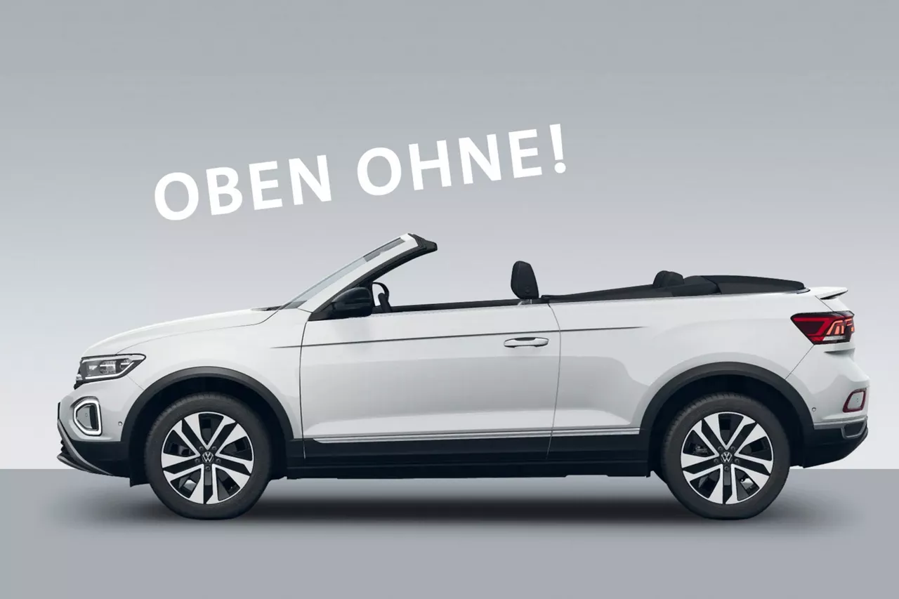 Weißes VW T-Roc Cabrio vor grauem Hintergrund mit Schriftzug oben ohne dadrüber