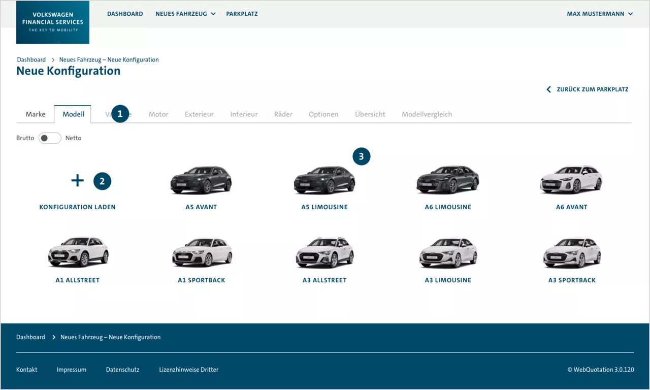 Screenshot des Dienstwagenkonfigurators für Dienstwagenberechtigte im Tool WebQuotation der Volkswagen Leasing GmbH.