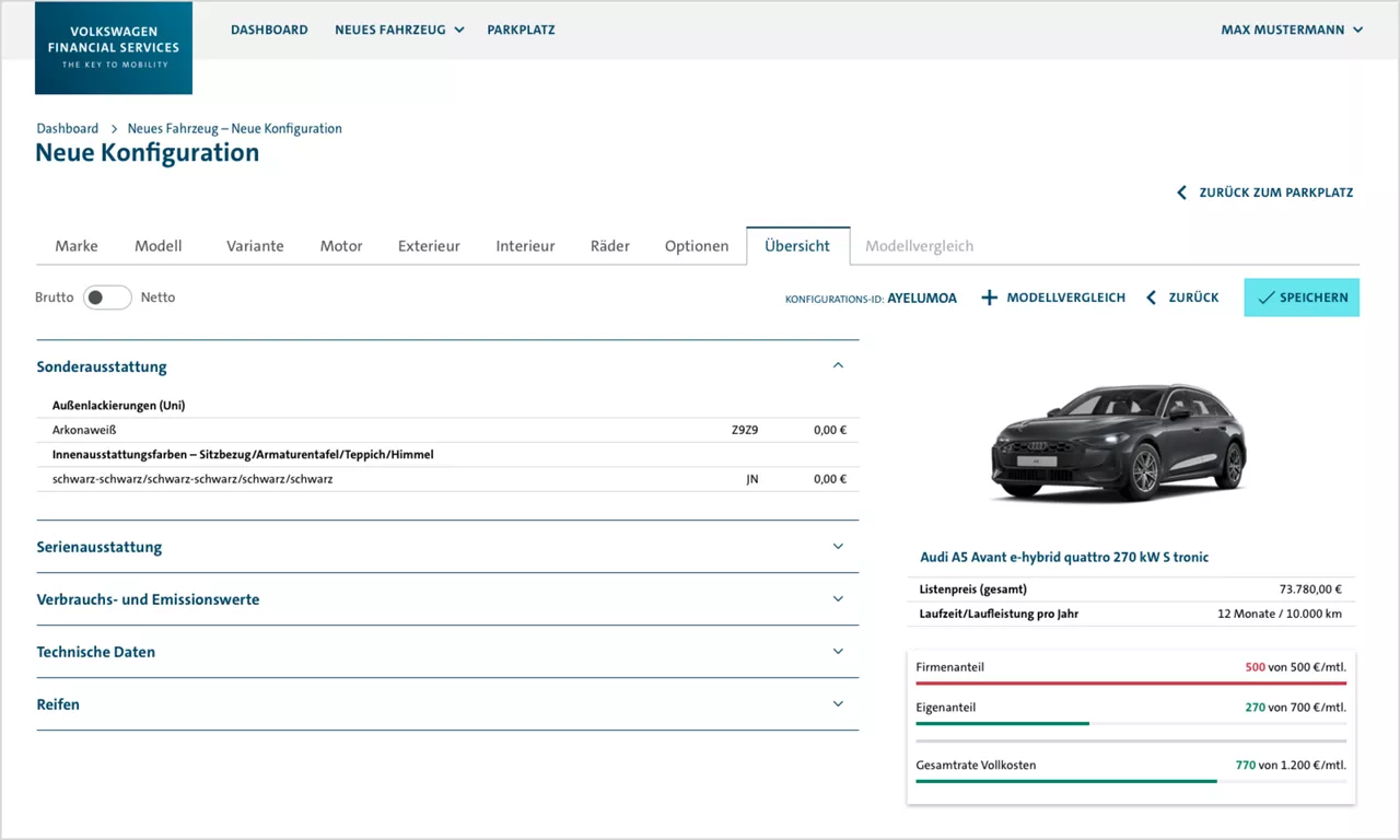 Einblick in den Konfigurator Webquotation: Warenkorb-Überblick für Fahrer.