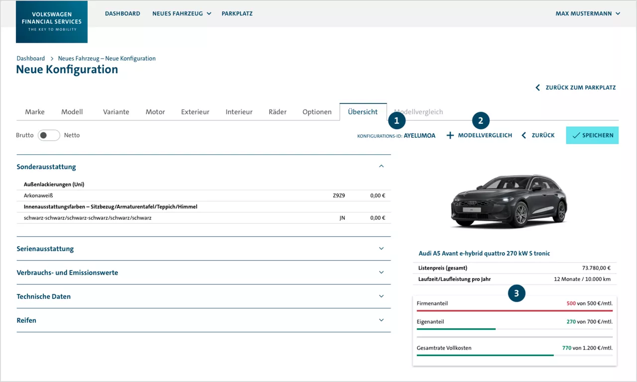 Screenshot vom Warenkorb für Dienstwagenberechtigte im Tool WebQuotation der Volkswagen Leasing GmbH.