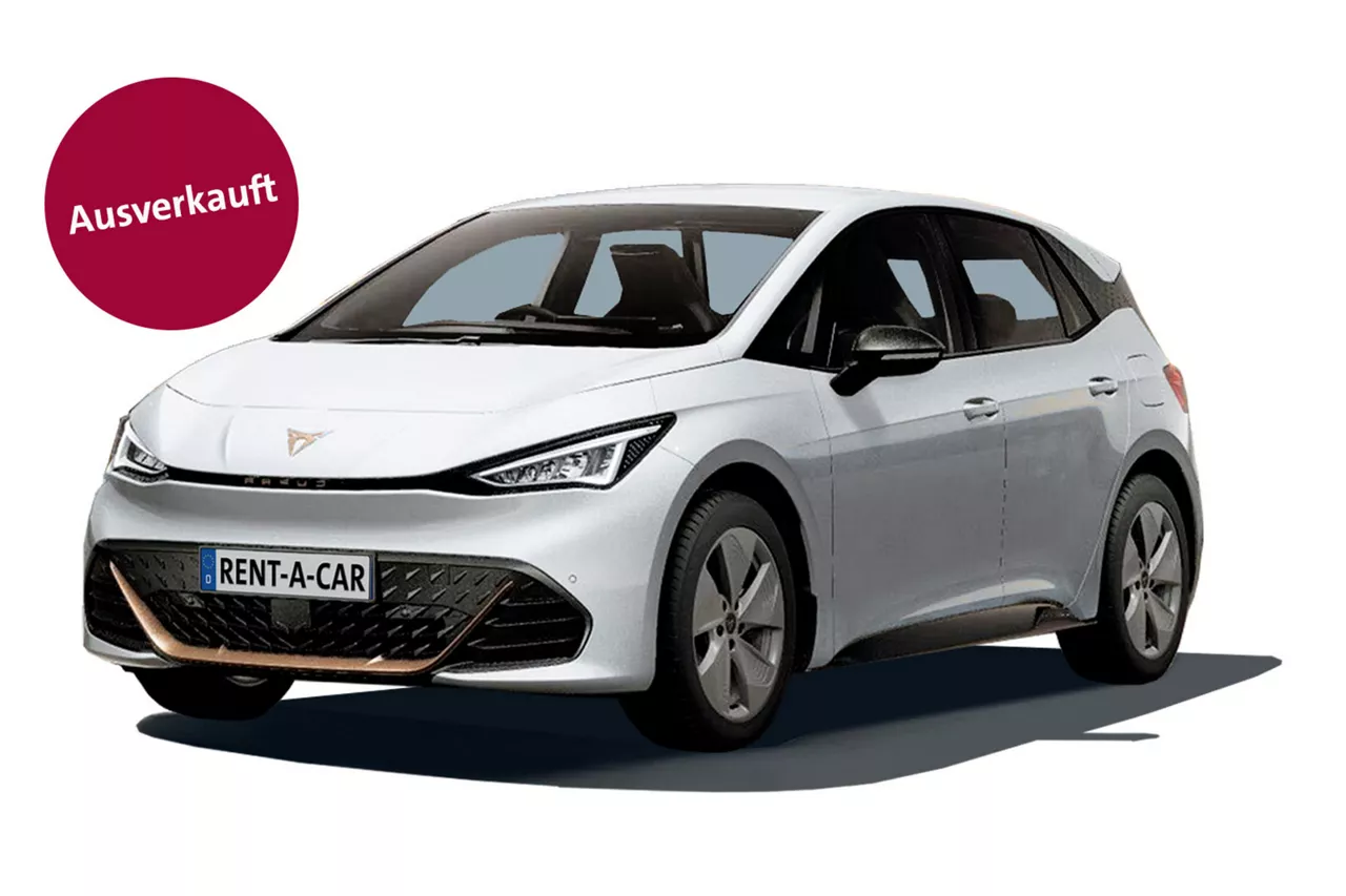 Weißer CUPRA Born steht leicht angeschrägt vor weißem Hintergrund und ein Störer besagt "Ausverkauft"