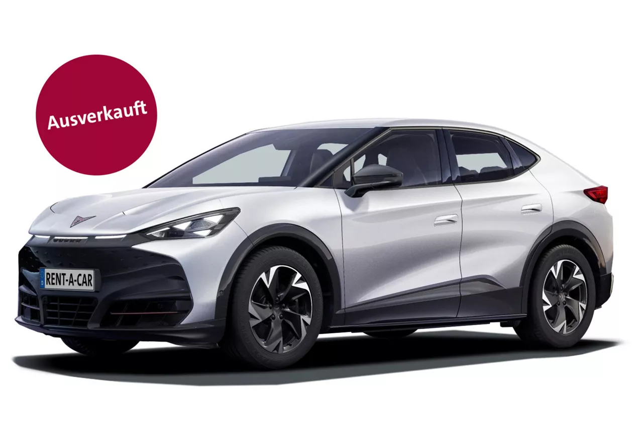 Silbener CUPRA Tavascan steht leicht angeschrägt vor weißem Hintergrund und ein Störer besagt "Ausverkauft"