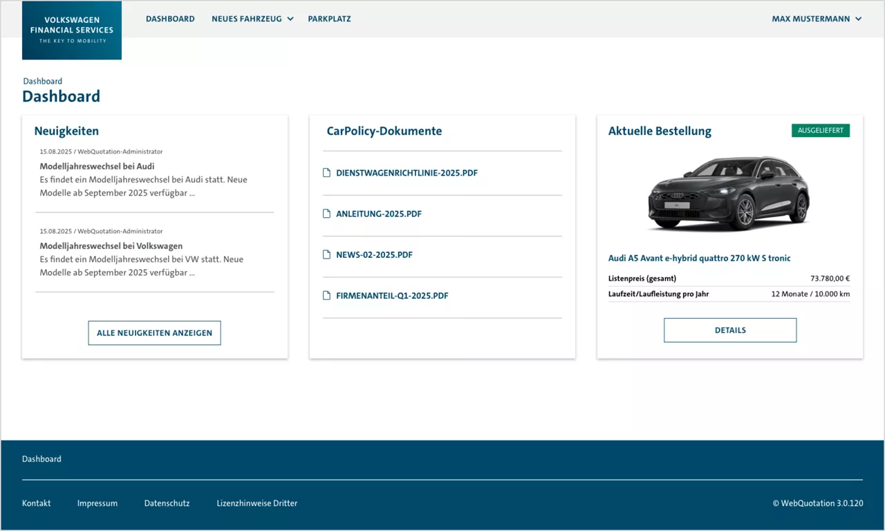 Einblick in den Konfigurator Webquotation: Dashboard-Ansicht für Fahrer.