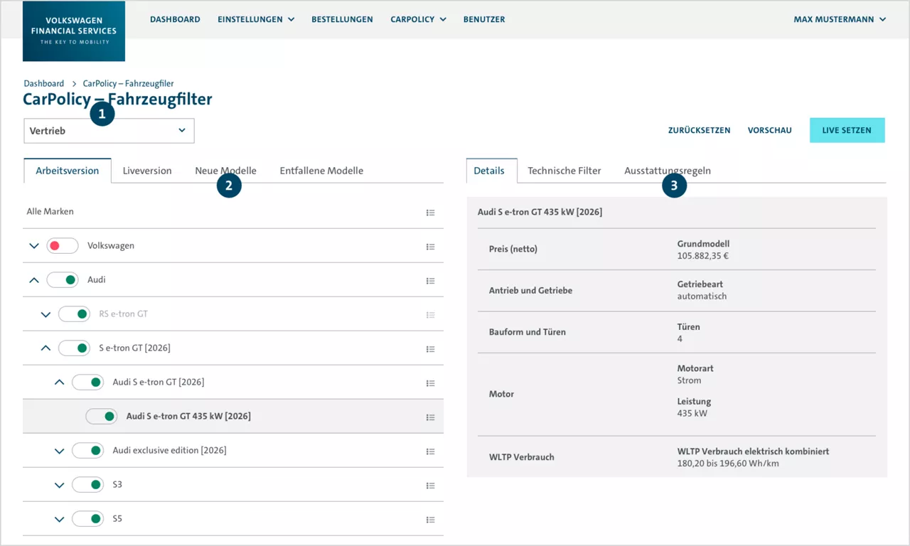 Screenshot des Fahrzeugfilters für Fuhrparkleiter im Tool WebQuotation der Volkswagen Leasing GmbH. 