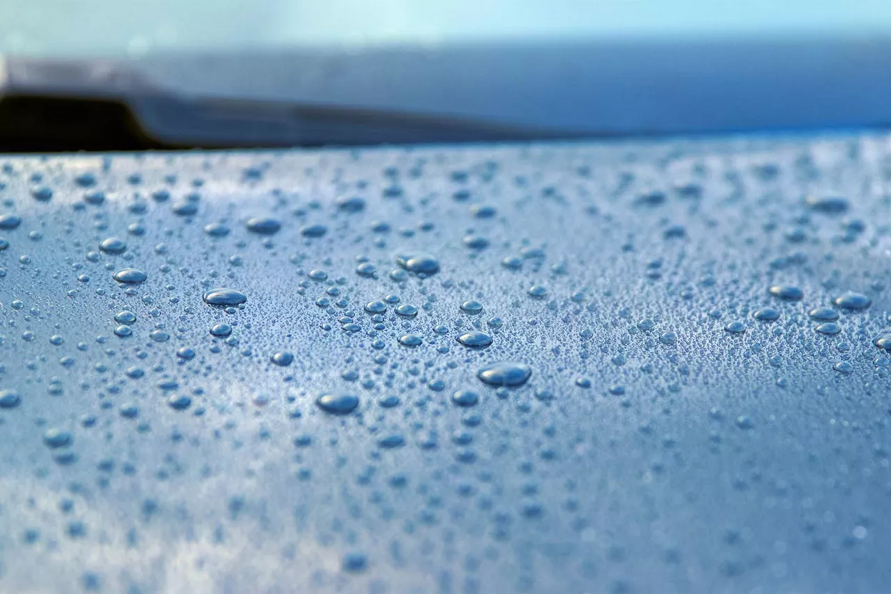 Nahaufnahme der Motorhaube eines blauen Firmenwagens, auf dem viele Wassertropfen zu sehen sind.