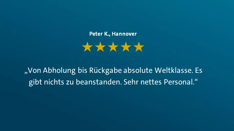 Peter K. aus Hannover sagt: "Von Abholung bis Rückgabe absolute Weltklasse. Es gibt nichts zu beanstanden. Sehr nettes Personal."