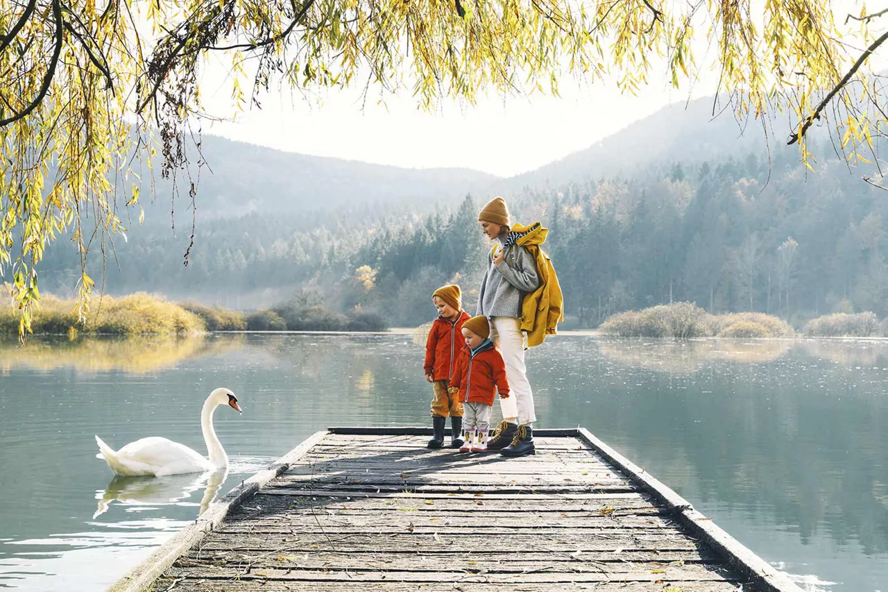 frau-und-zwei-kinder-beobachten-schwan-auf-steg-am-wasser