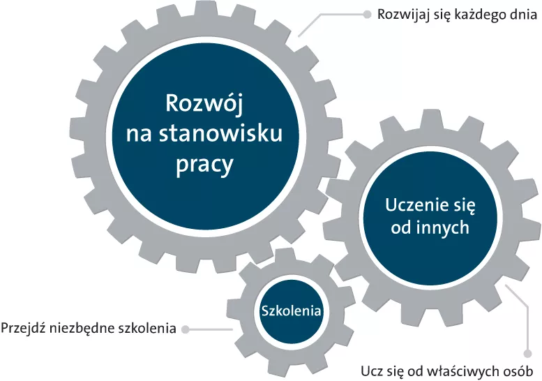 Infografika z trzema kołami zębatymi, które przedstawiają schemat rozwoju na stanowisku pracy.