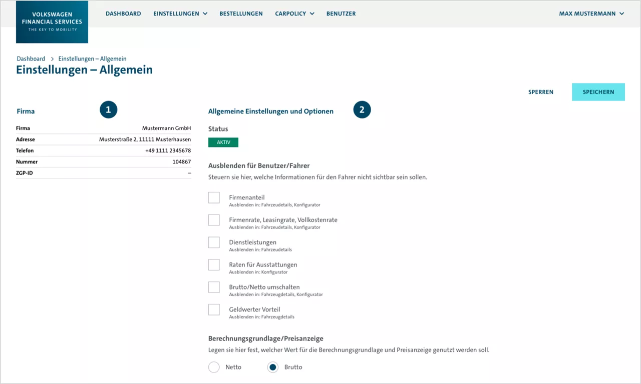 Screenshot der Firmendaten und Einstellungen für Fuhrparkleiter im Tool WebQuotation der Volkswagen Leasing GmbH. 