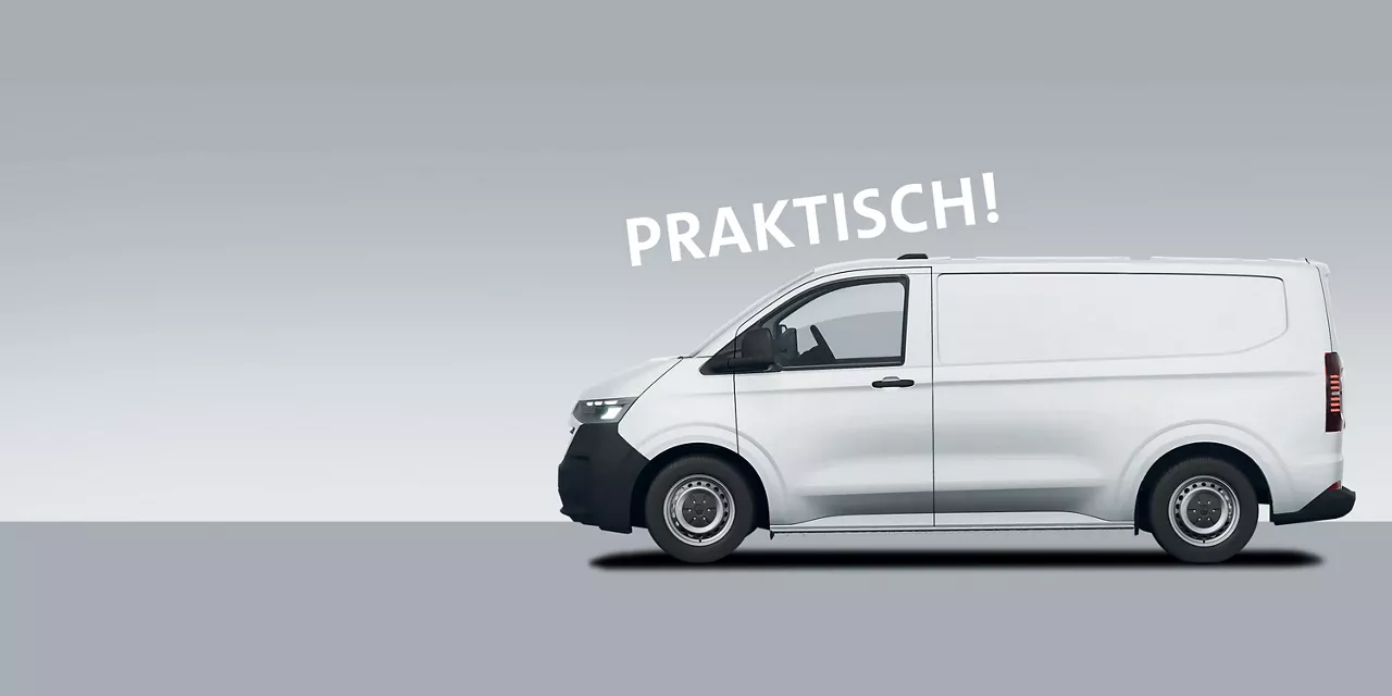 Weisser VW Transporter steht seitlich vor grauem Hintergrund mit dem Schriftzug praktisch dadrüber