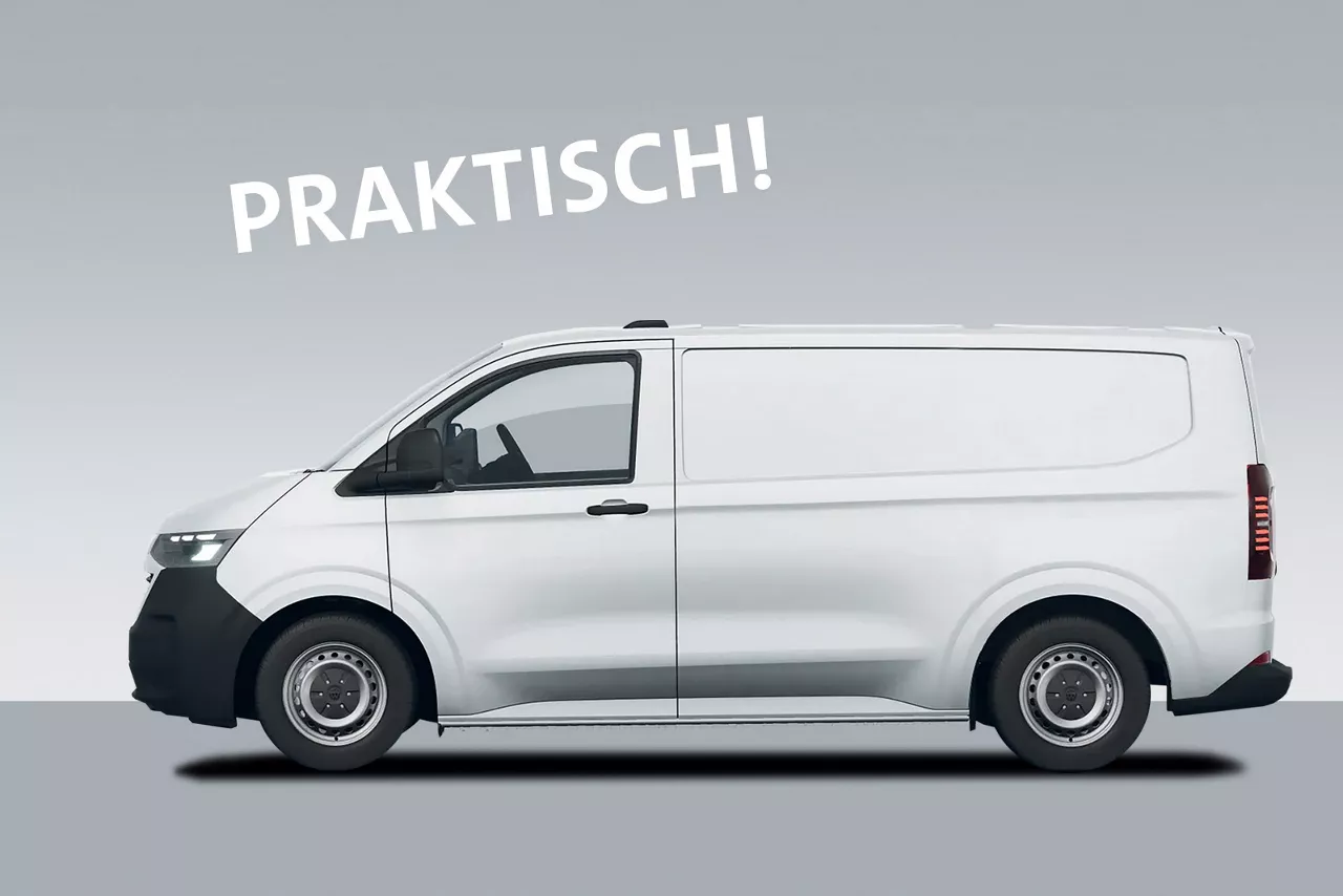 Weisser VW Transporter steht seitlich vor grauem Hintergrund mit dem Schriftzug praktisch dadrüber
